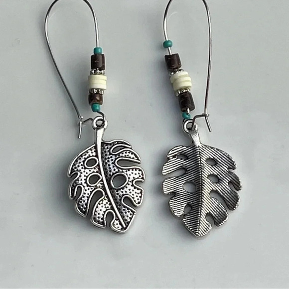 Beaded Boho Silver Leaf Earrings - Picture 3 of 3